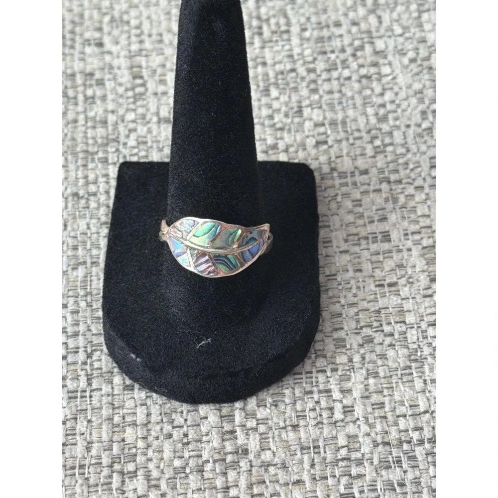 Vintage Sterling Silver Abalone Shell Leaf Ring 925 Inlay Boho Nature Jewelry